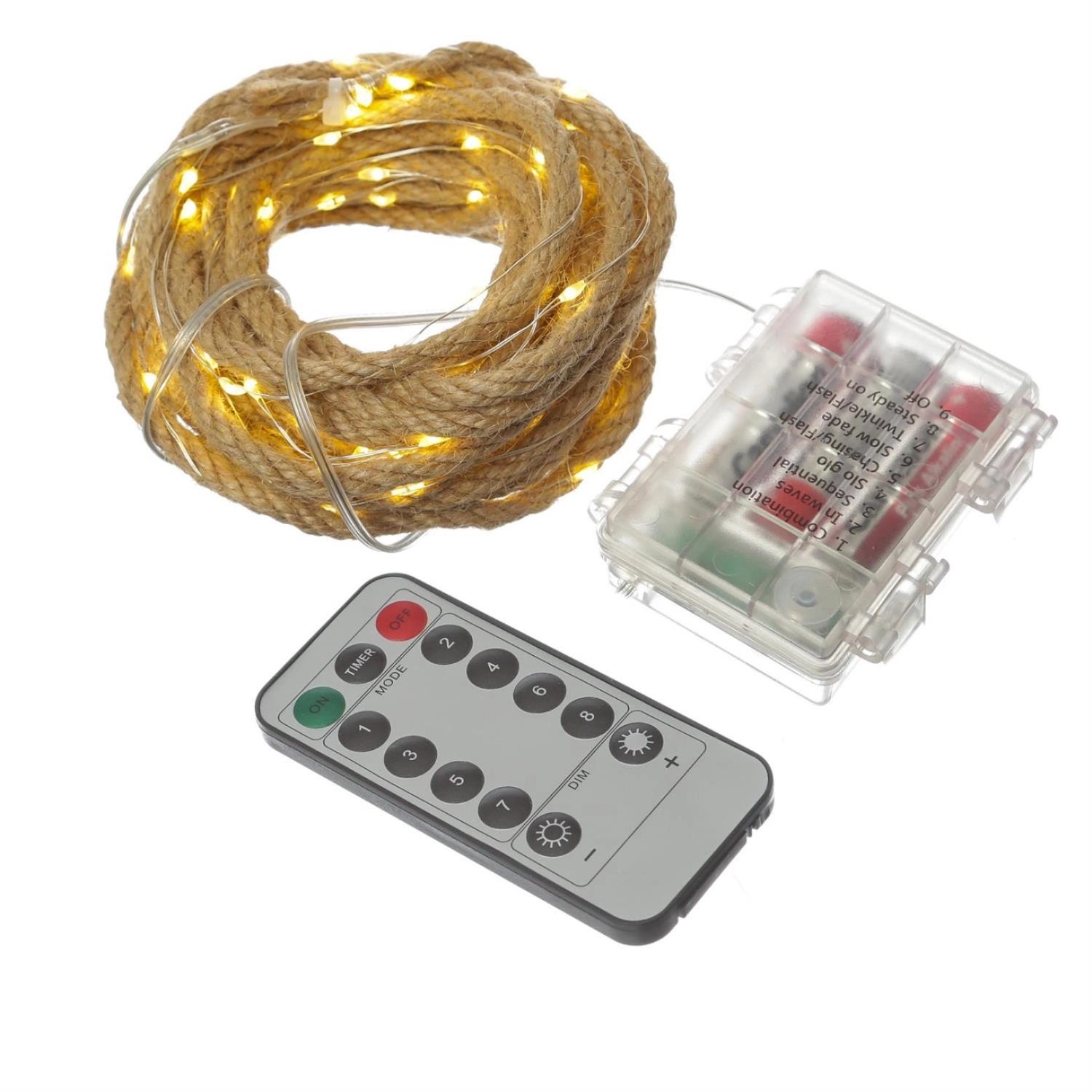 Marelida LED Lichterkette Seil Deko Jute Tau Kordel 5m Timer 8 Funktionen Für Innen Außen