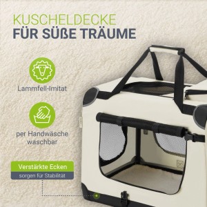 Beige Juskys Hundetransportbox Lassie XL, faltbar mit Tragegurt und Liegedecke.