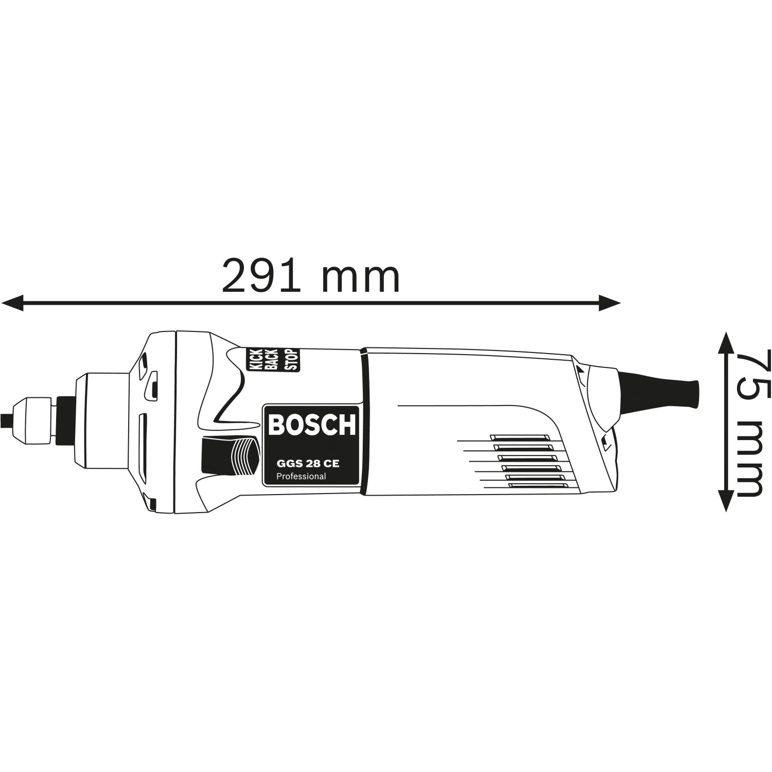 Skizze des Bosch Professional Geradschleifers GGS 28 C mit Maßangaben.