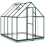 Grünes Aluminium-Gewächshaus mit transparenten Polycarbonatplatten, Fundamentrahmen und Dachfenster.