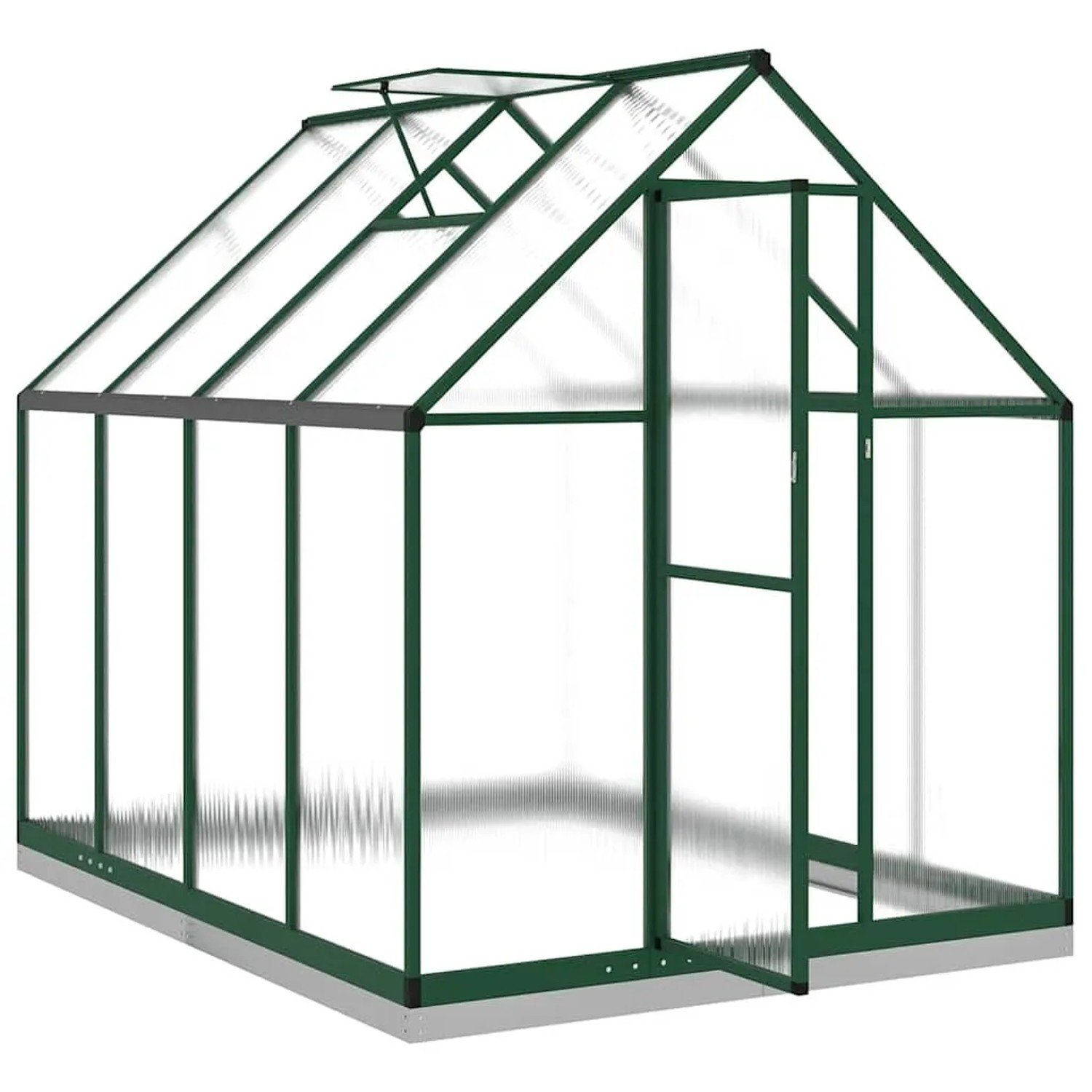 Grünes Aluminium-Gewächshaus mit transparenten Polycarbonatplatten, Fundamentrahmen und Dachfenster.