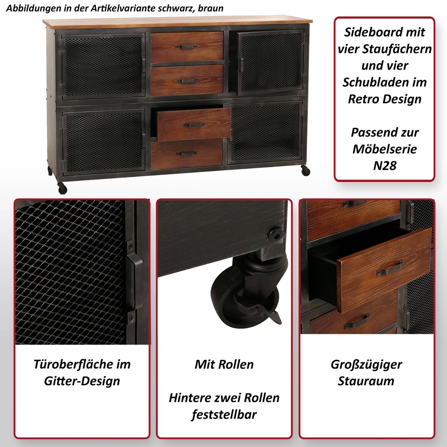 Werkstattwagen MCW N28 mit 4 Schubladen und Staufächern, schwarz/natur, im Retro-Design.