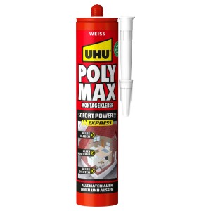 Rote Kartusche UHU Poly Max Montagekleber Sofort Power, weißer Klebstoff, zum Kleben, Montieren, Abdichten innen & außen.