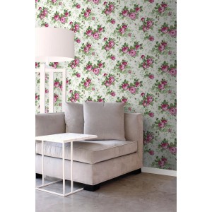 Romantische Vliestapete mit Rosenmuster in Rosa, passend zur Dekoration von Wohn- und Schlafzimmer.