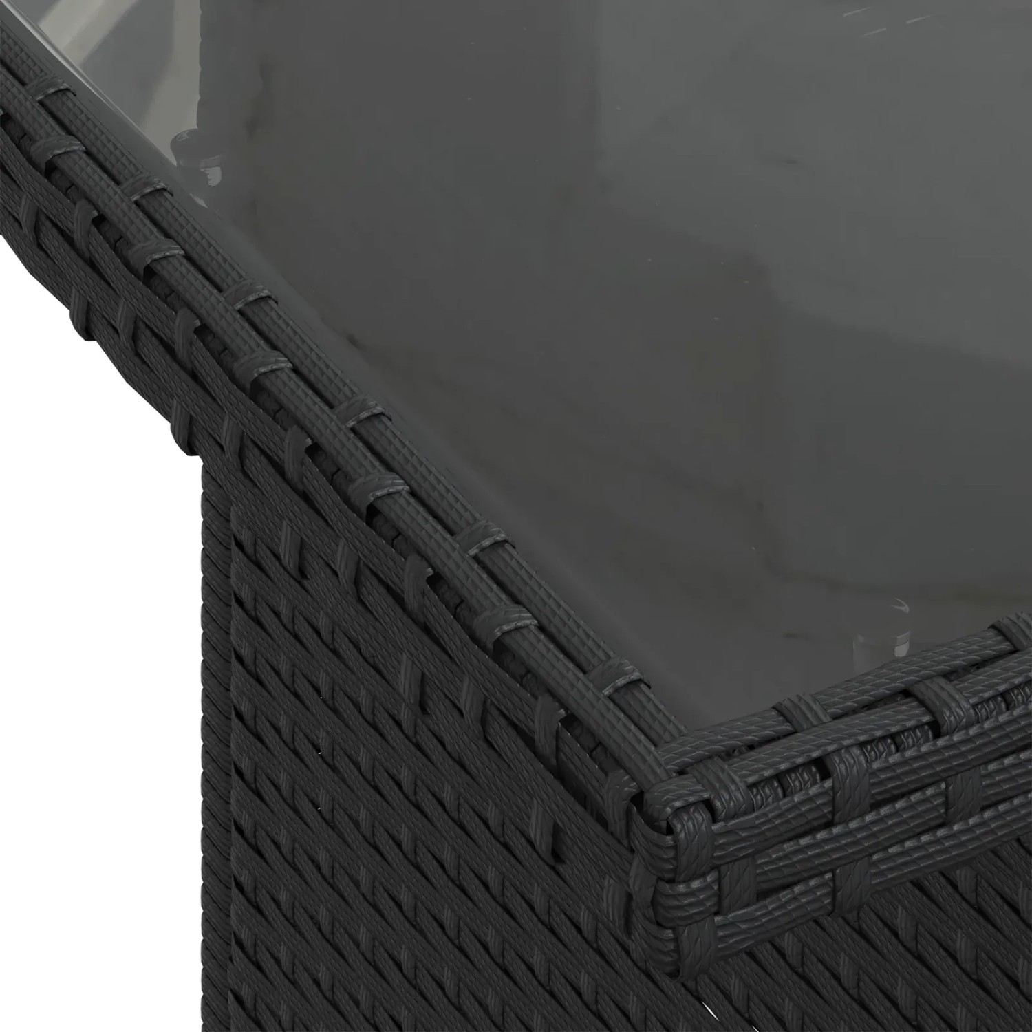 Detailansicht: Schwarzes Garten-Sofa-Set aus Poly Rattan mit Tischplatte.