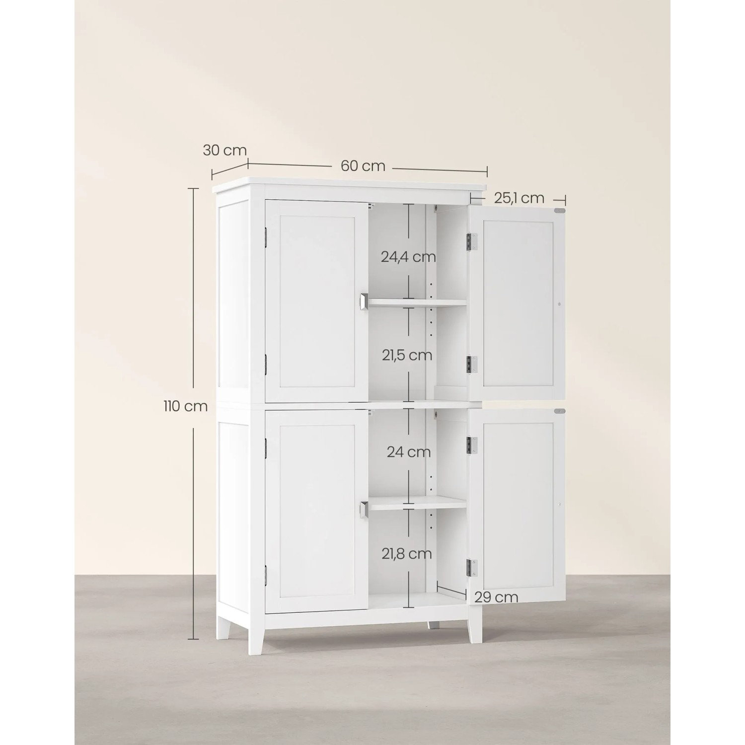 Weißer Vasagle Badezimmerschrank (30x60x110cm) mit offenen Türen und Innenmaßen.