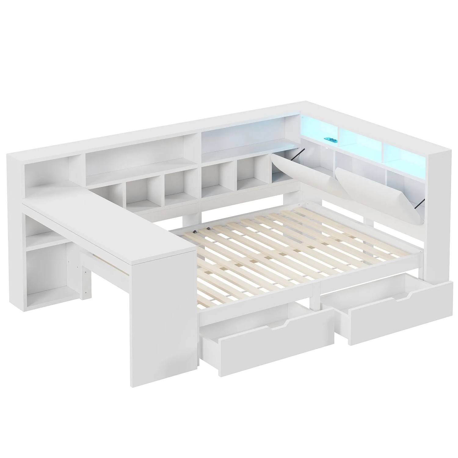 Merax Plattformbett 140x200 cm mit Schreibtisch Bücherregal LED Weiß