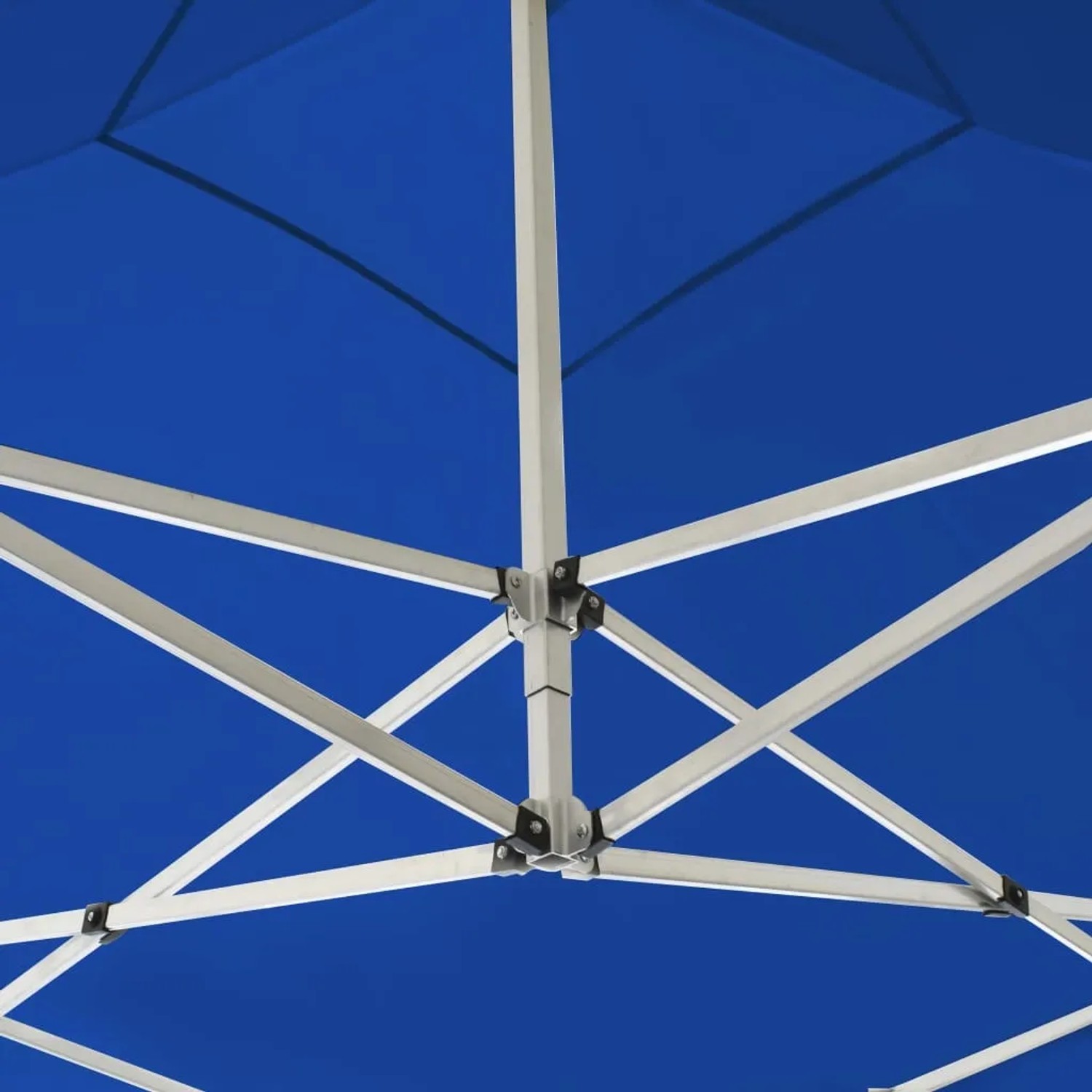 Detailaufnahme des blauen vidaXL Partyzelts (2x2m) mit Aluminiumrahmen. Ideal für Gartenpartys und Sonnenschutz.