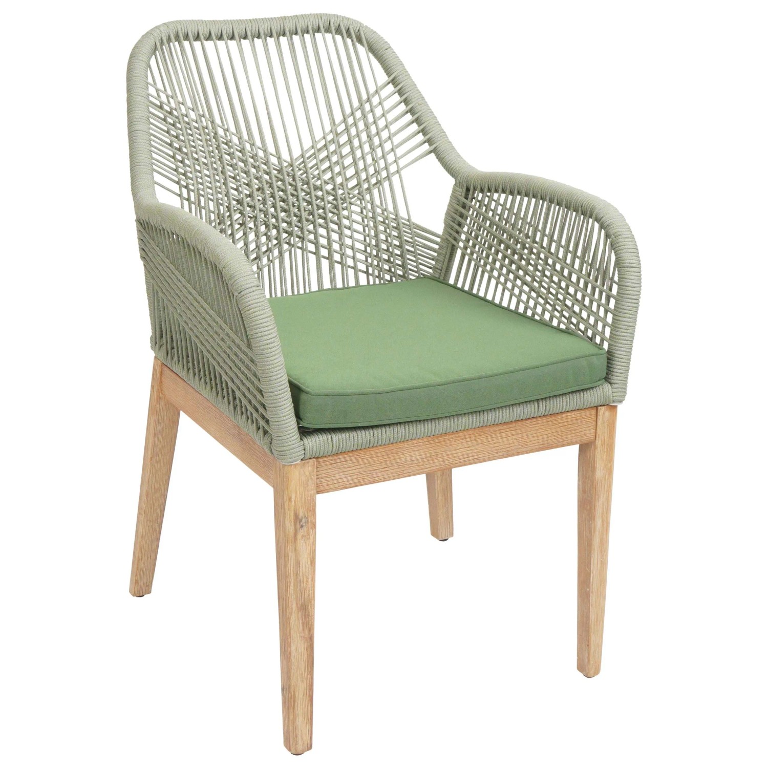 Proregal Gartenstuhl HxBxT 85x58x59 cm Sitzhöhe 47cm Wetterfest Seilgeflecht Rope Holz Akazie Grün Kissen Grün Sessel Outdoor Stuhl