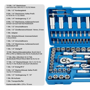 Blauer Wiltec 108-teiliger Steckschlüsselsatz mit Ratschen, Nüssen, Bits und Verlängerungen im Koffer.