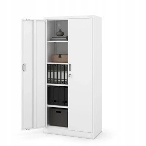 Weißer Jan Nowak Aktenschrank Compact mit geöffneter Tür und Ordnern.
