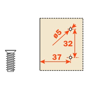 Salice Kreuzmontageplatte: Euroschraube und Bohrmaße (37x32mm, Ø5mm) für Möbelbeschläge.