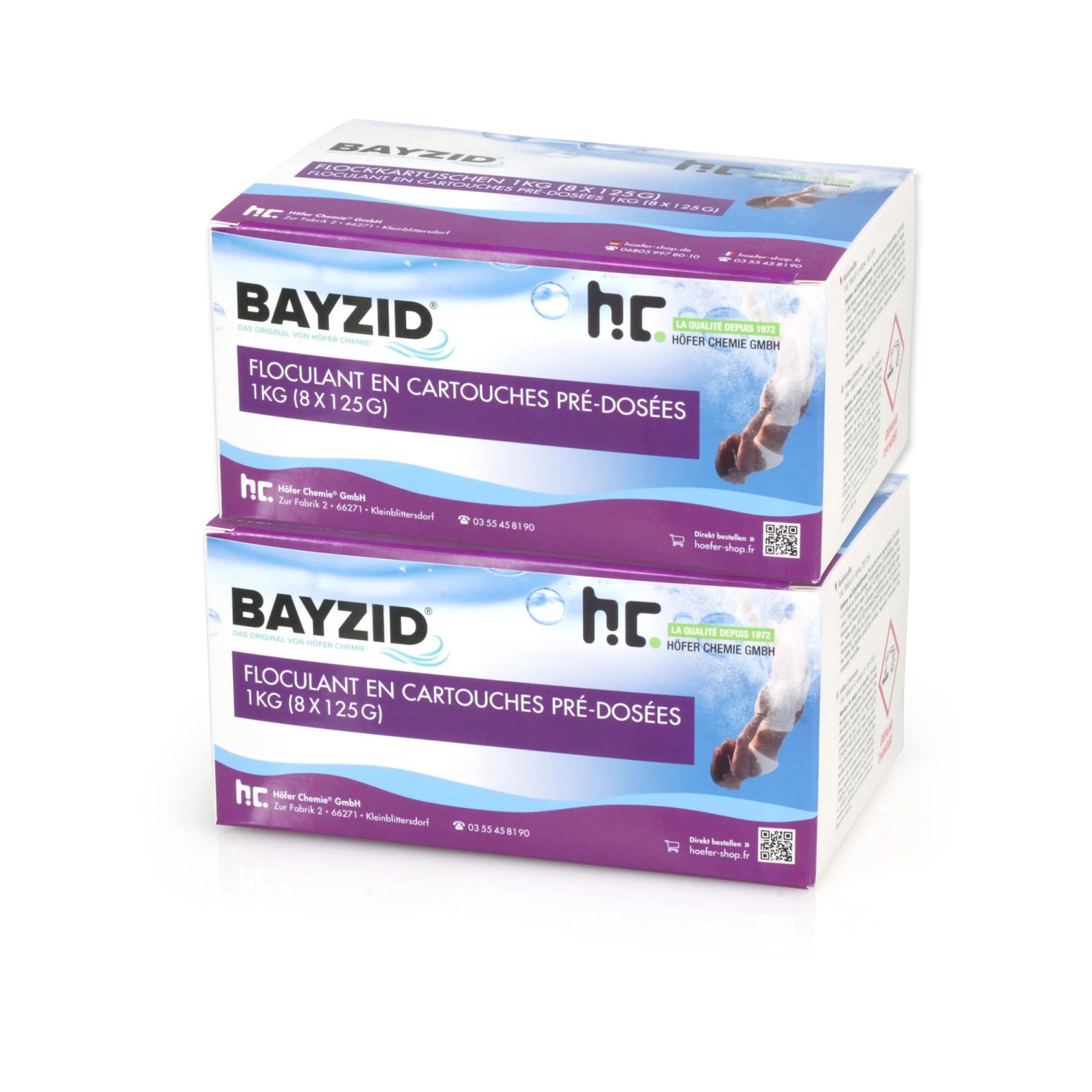 Bayzid Flockkartuschen für Pools, 4 x 1 kg, in zwei gestapelten Kartons. Flockungsmittel zur Poolpflege.