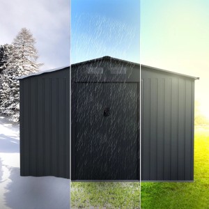 Dunkelgrauer Juskys Metall Geräteschuppen XL mit Pultdach für jede Jahreszeit.