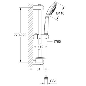 Technische Zeichnung Grohe Brausestangenset Euphoria 110 Champagne, Maße und Anschlüsse dargestellt.