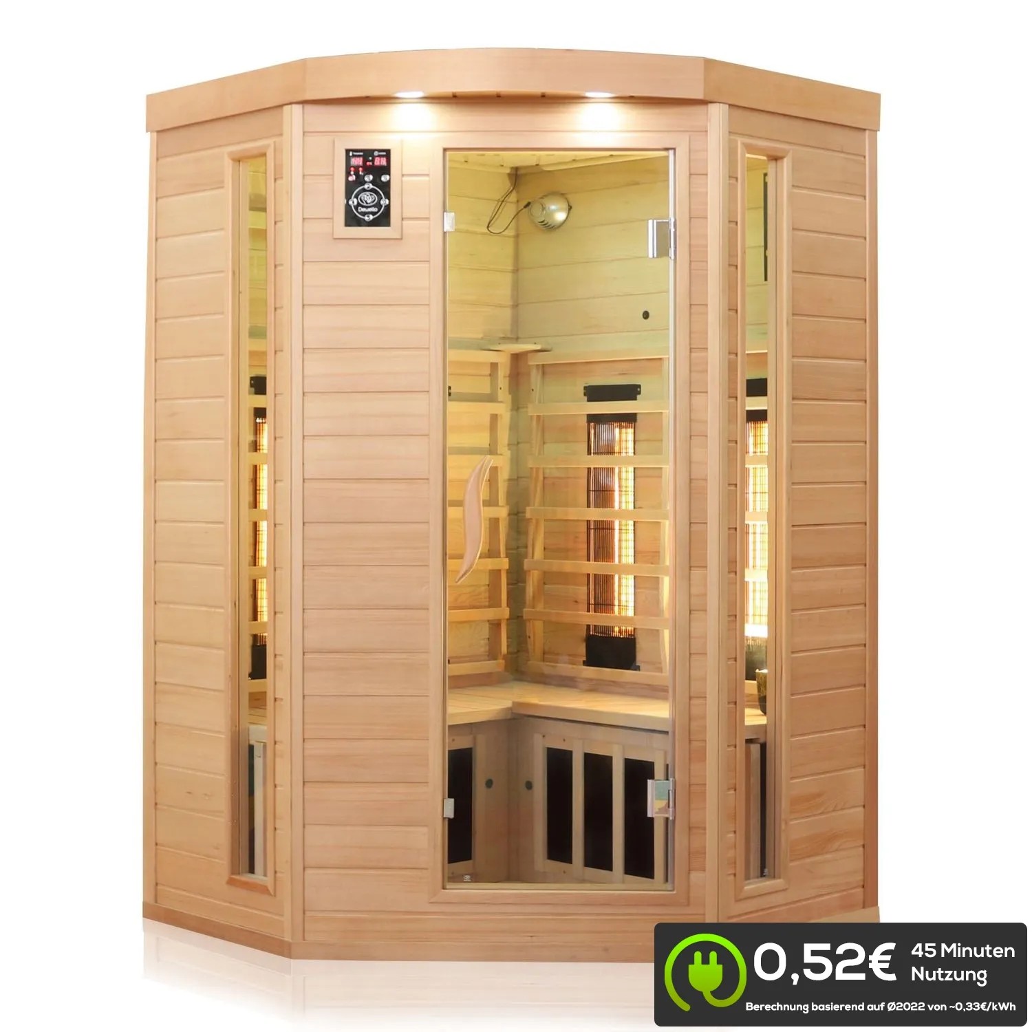 Dewello Infrarotkabine Lakefield 3 für 2 Personen aus Hemlock Tannenholz mit Glasfront.