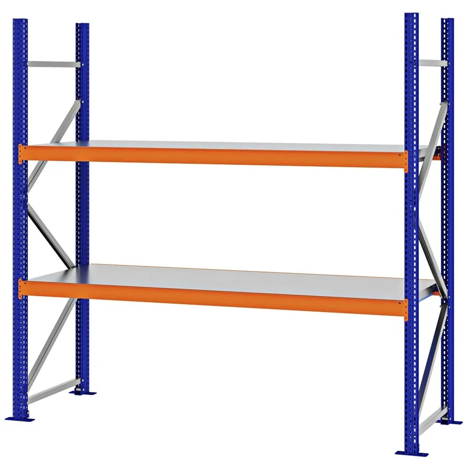 PROREGAL Weitspannregal Schraub-Stecksystem MAGNUS PRO Made In Germany Grundregal 200x200x60cm 2 Ebenen Stahlböden Fachlast 600kg Blau/Orange
