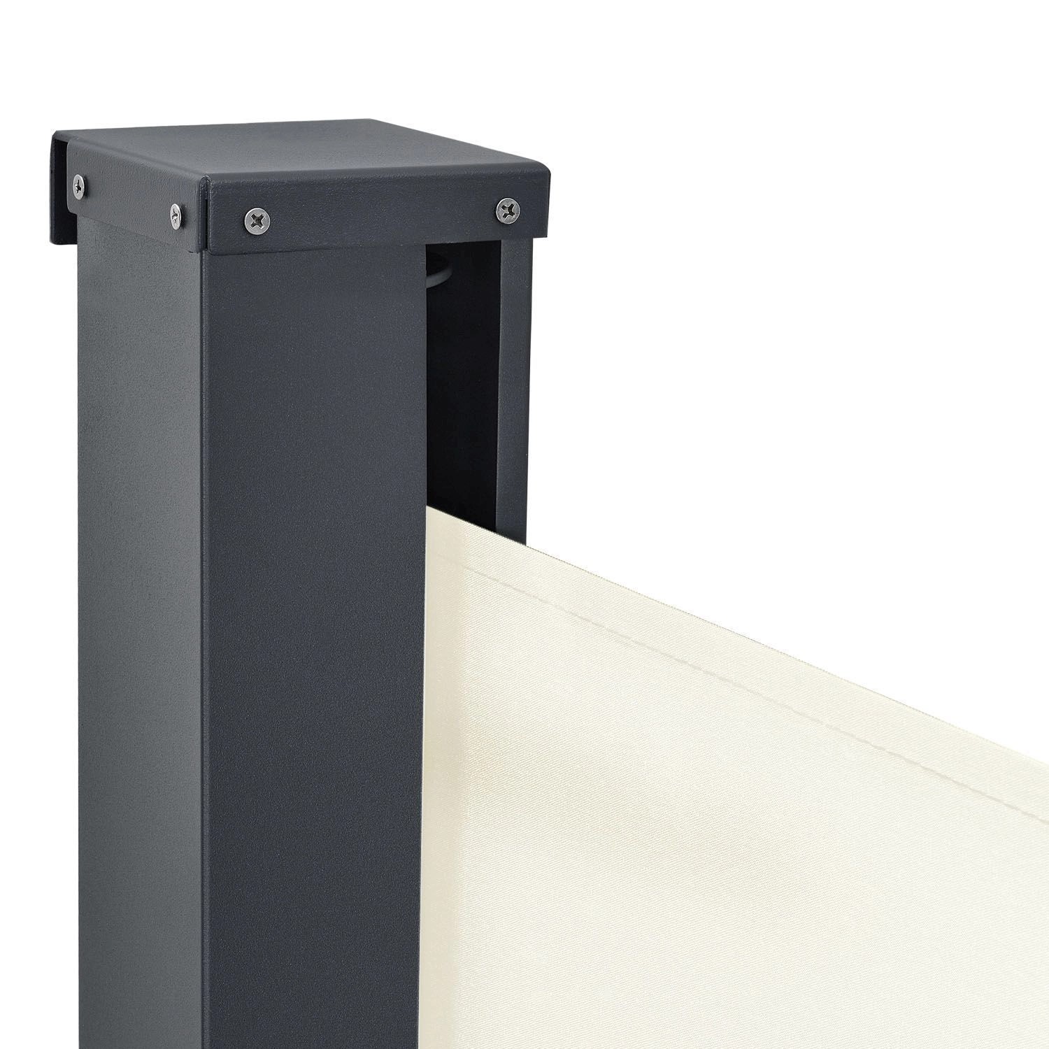 Detailaufnahme: Juskys Seitenmarkise Dubai, 500x160 cm, beige, mit Stahlrahmen.