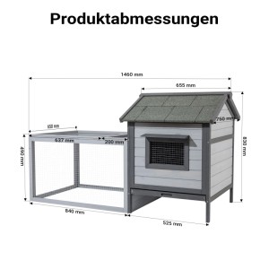 Wiltec Hasenstall mit Freilaufgehege aus grauem Holz, Bitumendach. Abmessungen 1460x750x830mm.
