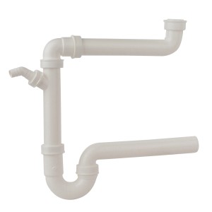 Weißer Raumspar-Spültisch-Röhrensiphon mit Geräteanschluss, 44,9 mm x 40 mm.