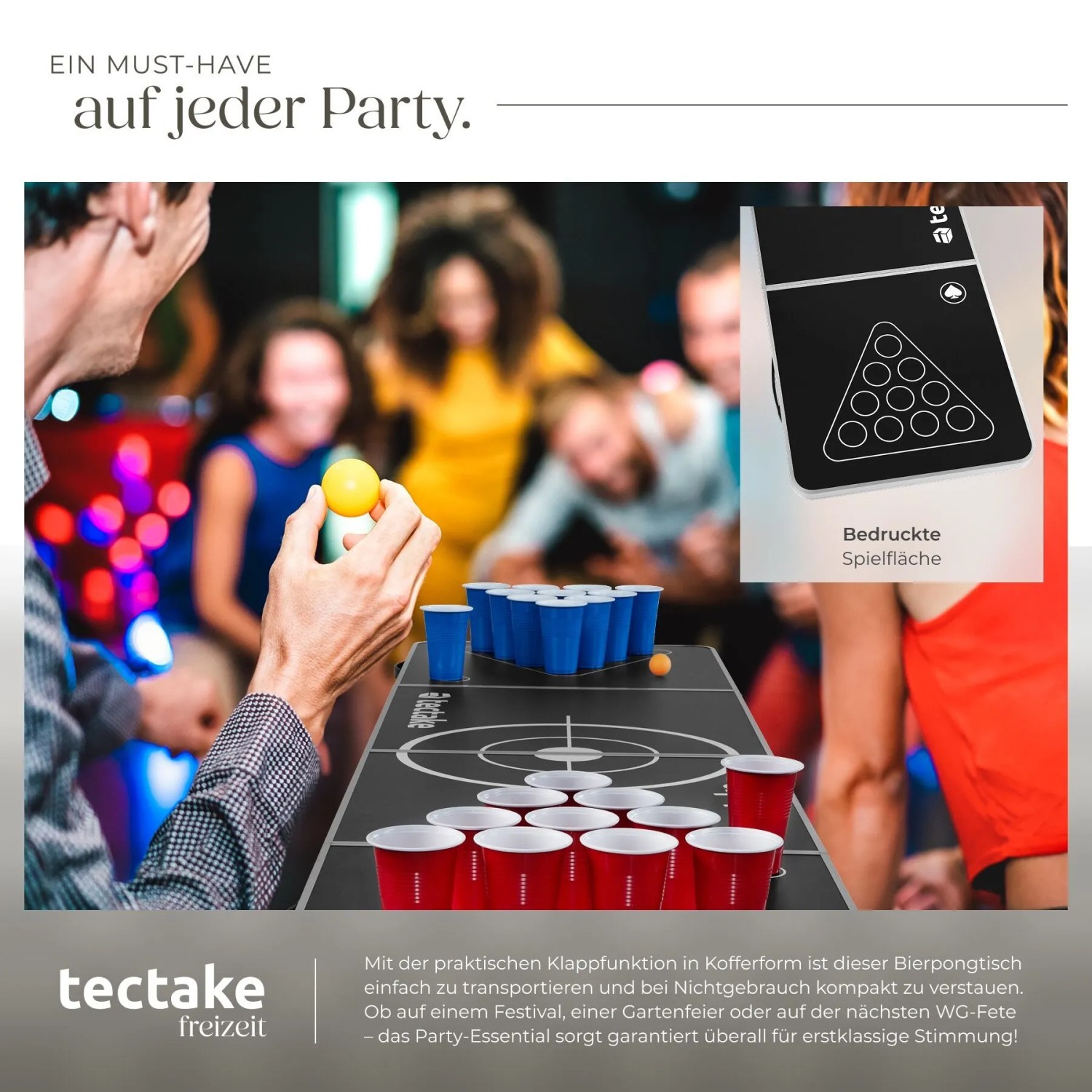 Tectake Bierpongtisch, klappbar und höhenverstellbar, mit roten und blauen Bechern, ideal für Partys.