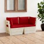vidaXL 2-Sitzer Garten-Palettensofa aus Fichtenholz mit roten Kissen.