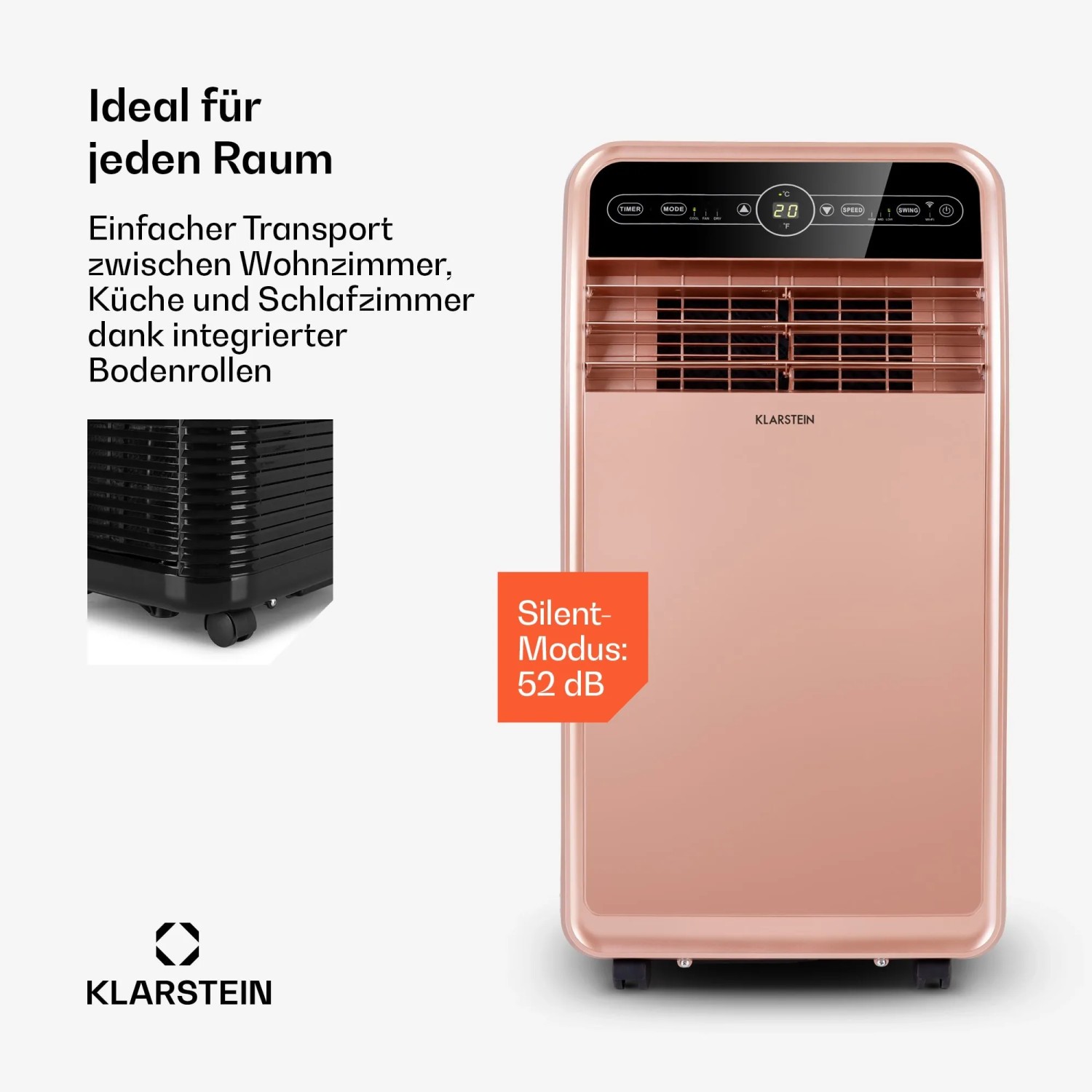 Klarstein Metrobreeze New York Smart 12k Klimaanlage in Roségold-Metallic mit Rollen.