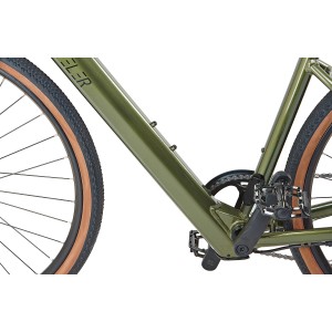 Detailansicht: Grünes Prophete Gravel E-Bike Graveler 1.0 Herren mit Tanwall Reifen.