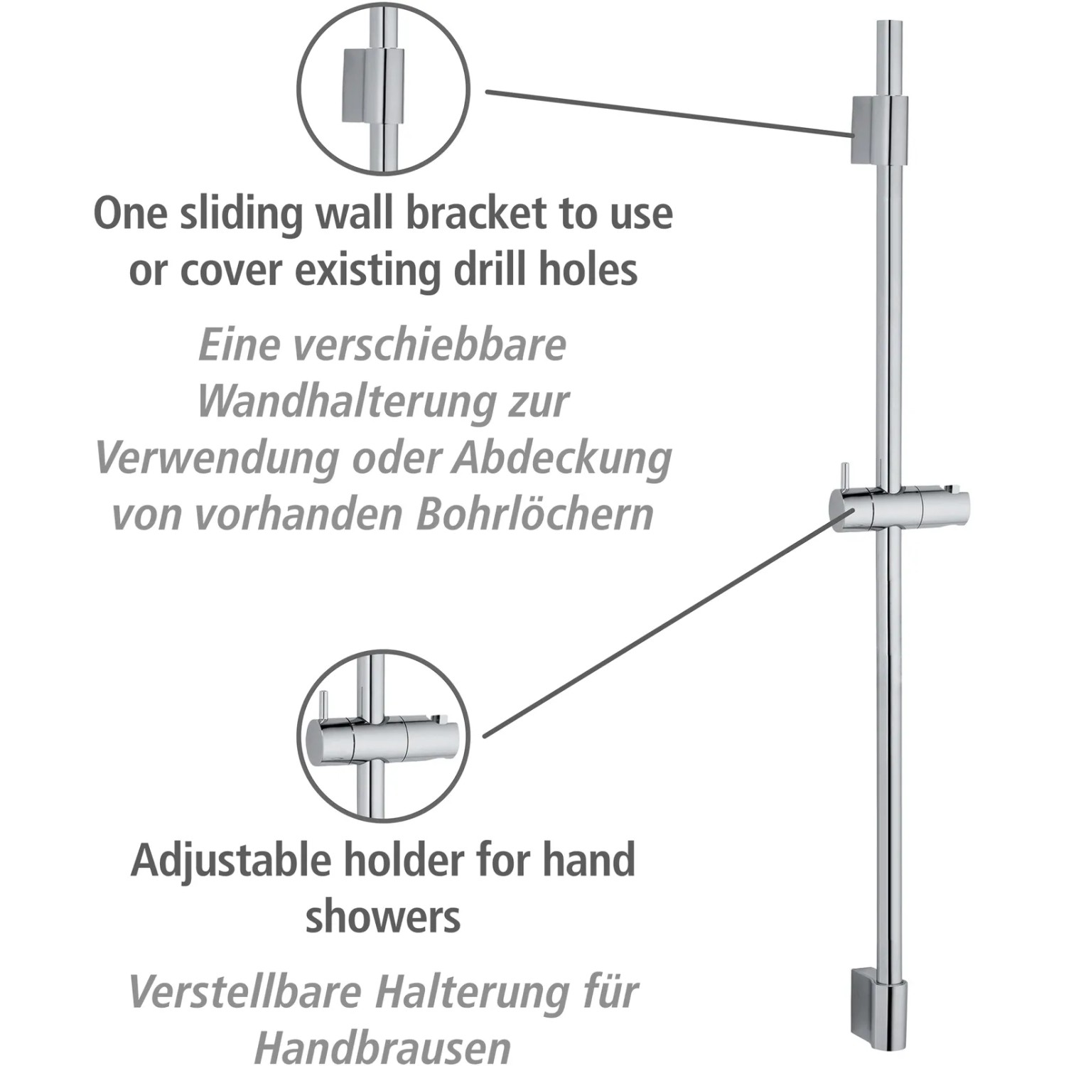 Wenko Duschstange Classic Chrom, 90 cm, mit verstellbarem Brausehalter und verschiebbarer Wandhalterung.