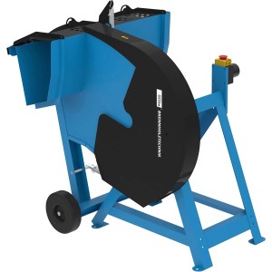 Güde Wippsäge GWS 500 HM-2: Blaue Wippkreissäge mit schwarzer Schutzhaube und Fahrwerk.