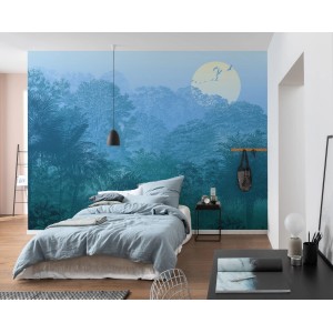 Komar Vlies Fototapete Deep in the Jungle (400x280 cm) im Schlafzimmer mit Dschungelmotiv.