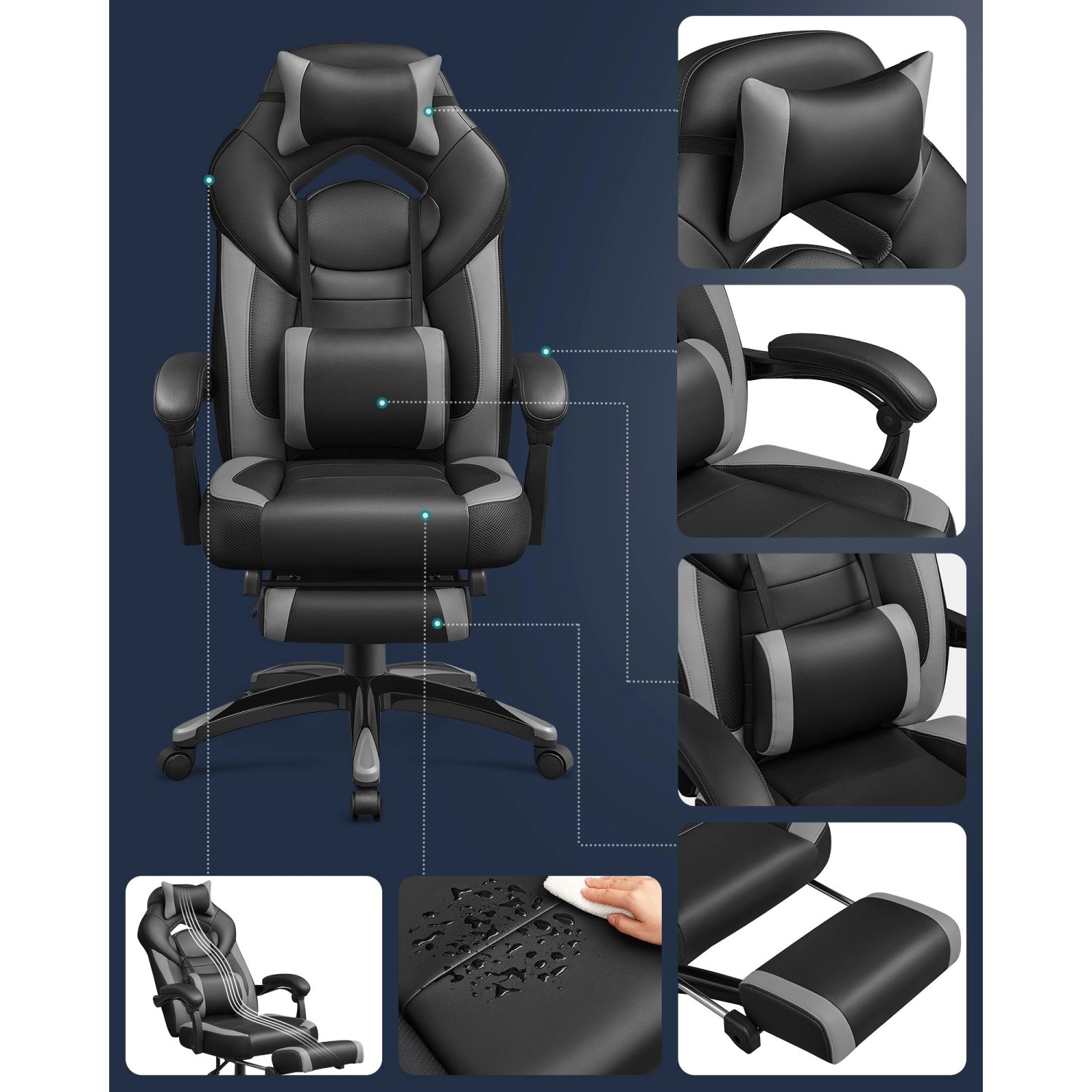 Ergonomischer Songmics Gamingstuhl Grau-Schwarz mit Fußstütze für optimalen Komfort.