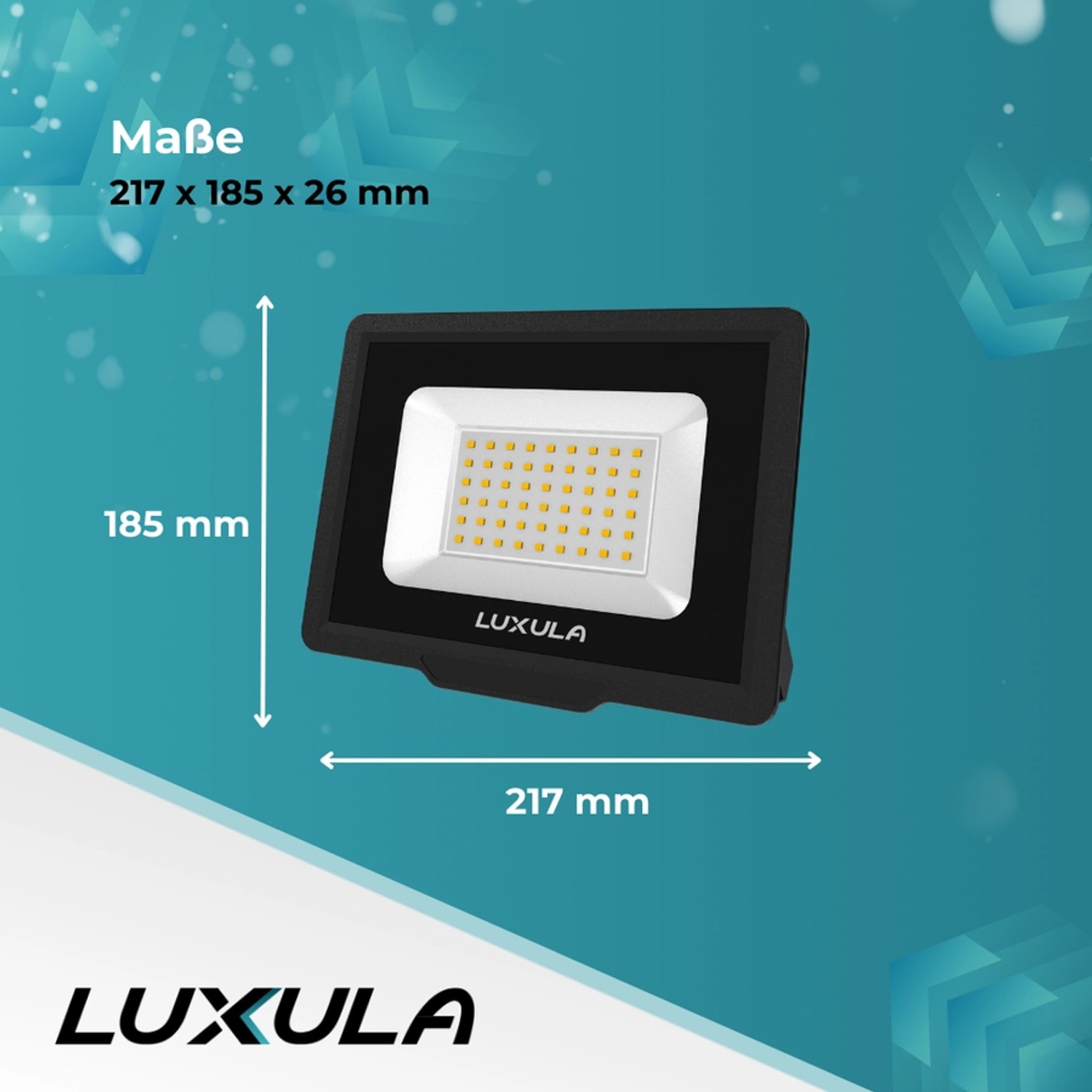 LUXULA LED Fluter 50W, neutralweiß, 5000lm, schwarzer Außenstrahler mit Maßangaben.