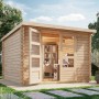 Karibu Gartenhaus Dortmund Solo aus Holz mit Doppeltür und Pultdach im Garten.
