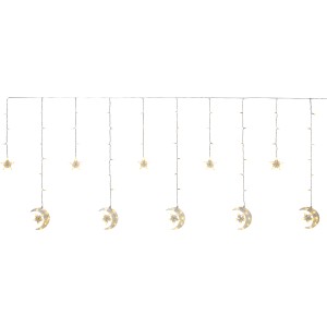 LED-Lichtervorhang mit Sternen und Mond, warmweiß, transparentes Kabel, 7 m Länge.