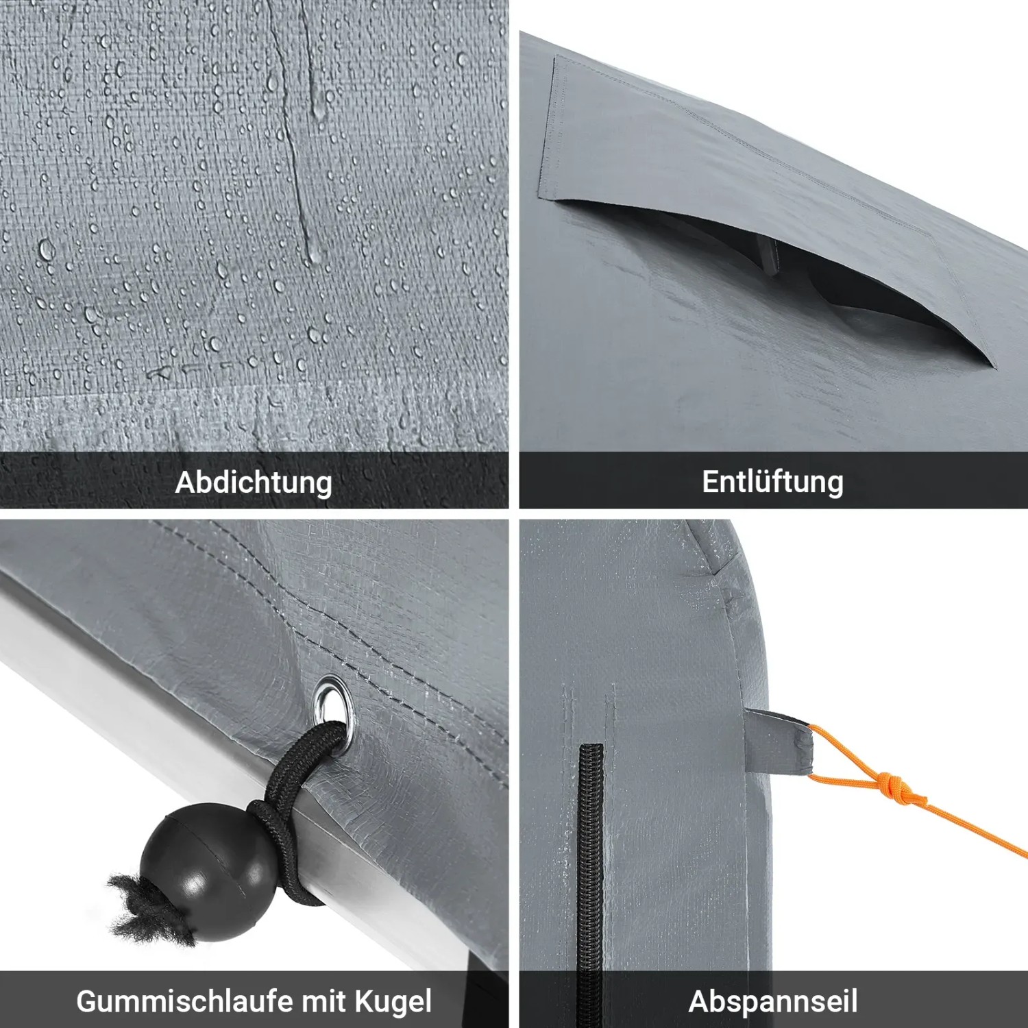 Details der Fahrradgarage: Wasserdichtigkeit, Belüftung, Gummischlaufe und Abspannseil.