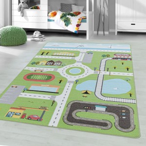 Grüner Ayyildiz Kinderteppich Play mit Straßenmotiv, 100x150 cm.