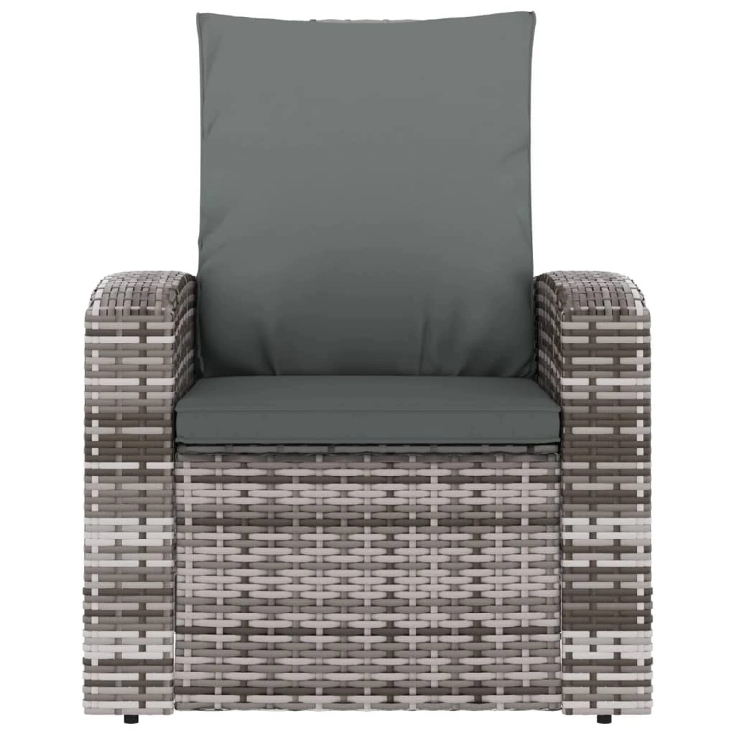 Verstellbarer, grauer Gartensessel aus Poly Rattan mit Kissen.