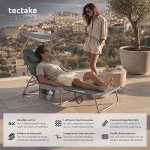 Tectake Sonnenliege Chloé Klappbar  Stufenlos Verstellbares Sonnendach  161 x 68 x 111 cm Grau