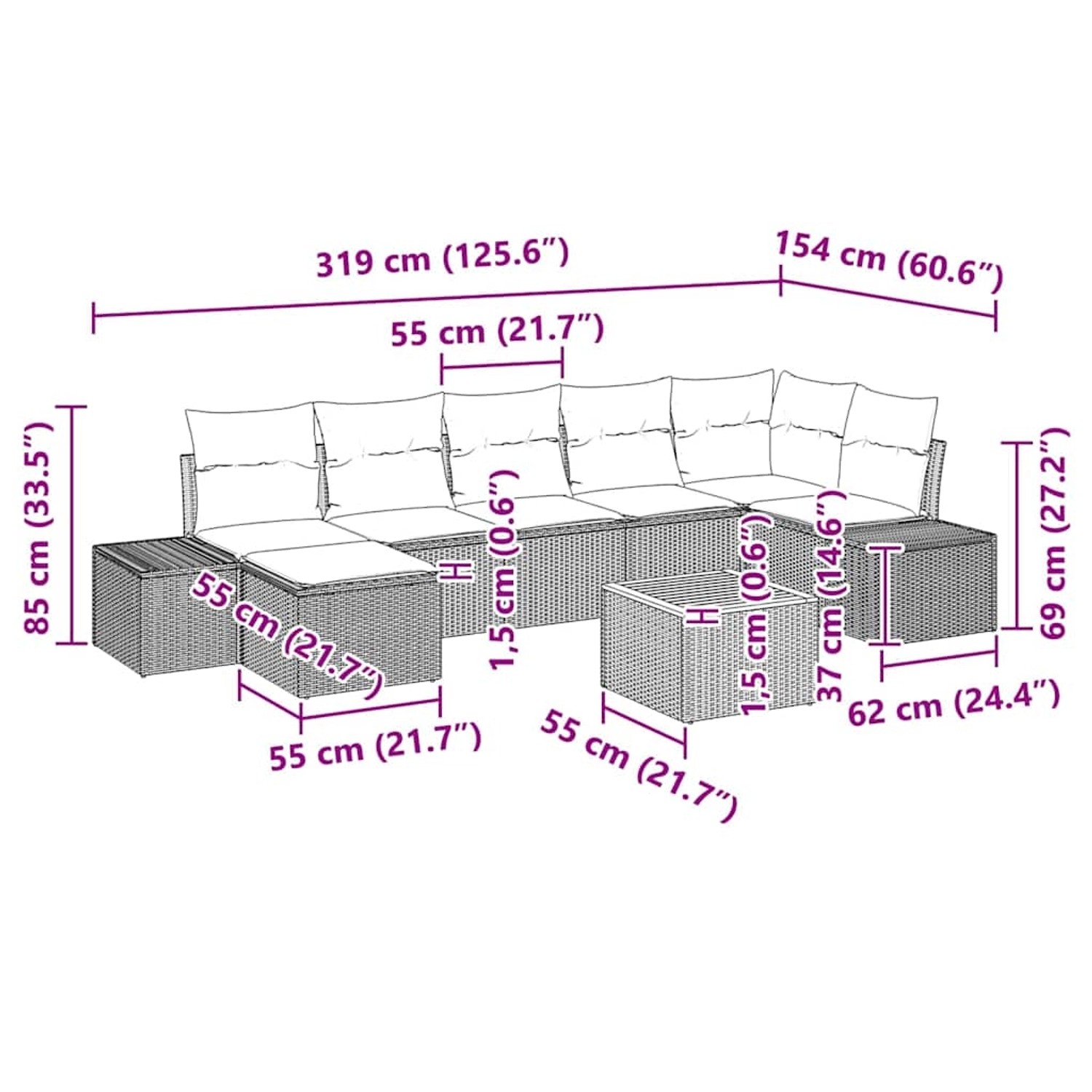 vidaXL Garten-Sofa-Set 8-tlg beige Poly Rattan mit Maßen, geeignet für Terrasse und Garten.