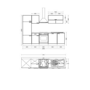 Technische Zeichnung der Flex-Well Küchenzeile Creso 280 cm mit Maßen, Front- und Draufsicht.