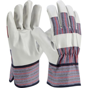 Arbeitshandschuhe Gr. 10 mit grau-rotem Muster und verstärkten Handflächen für optimalen Schutz.