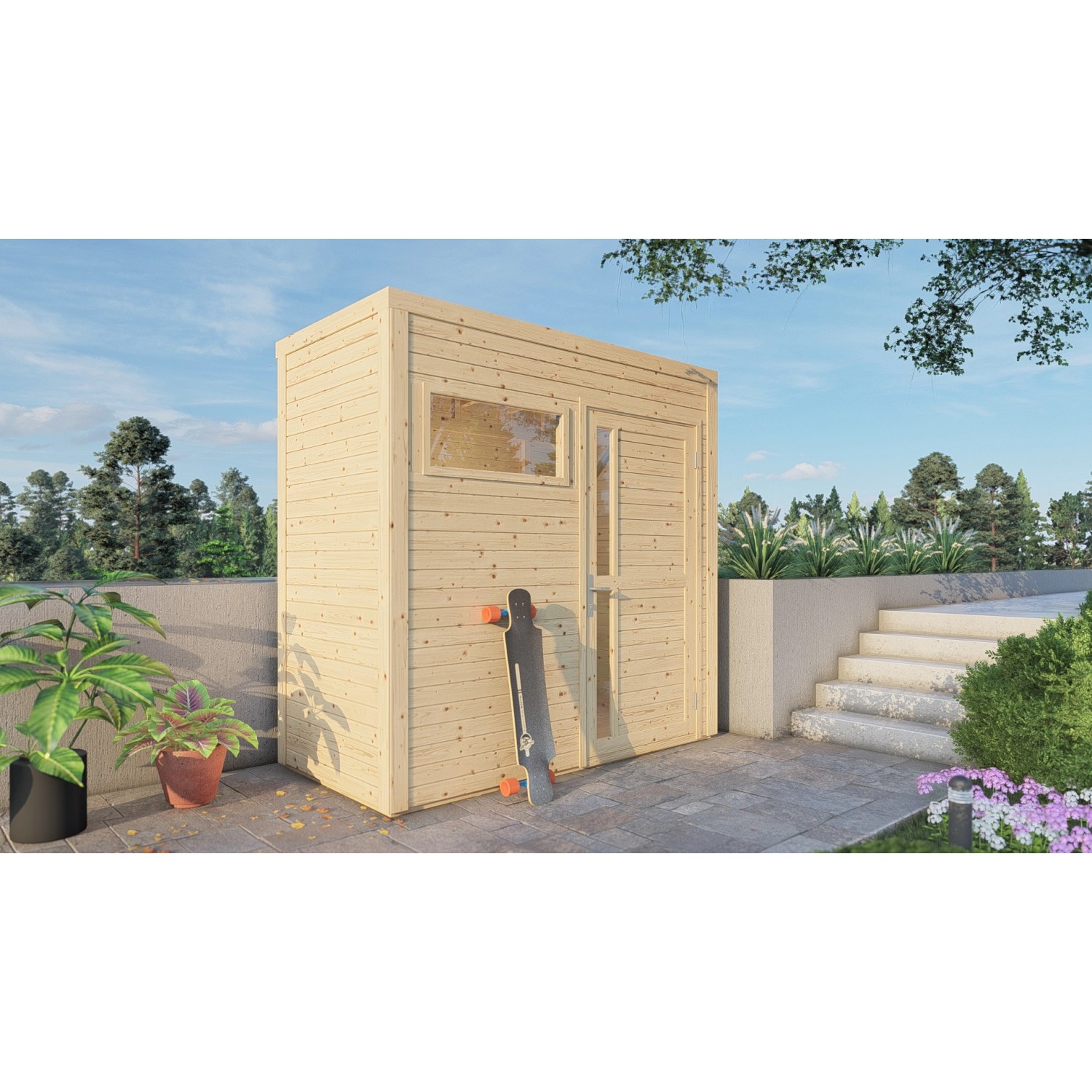 Bertilo Holz-Gartenhaus Cubus 1 Natur, 234x115cm, mit Fenster und Tür. Weekendhaus aus FSC®-zertifiziertem Holz.