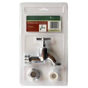 Arves Wasserhahn (3/4) Chrom für Regentonnen, verpackt.