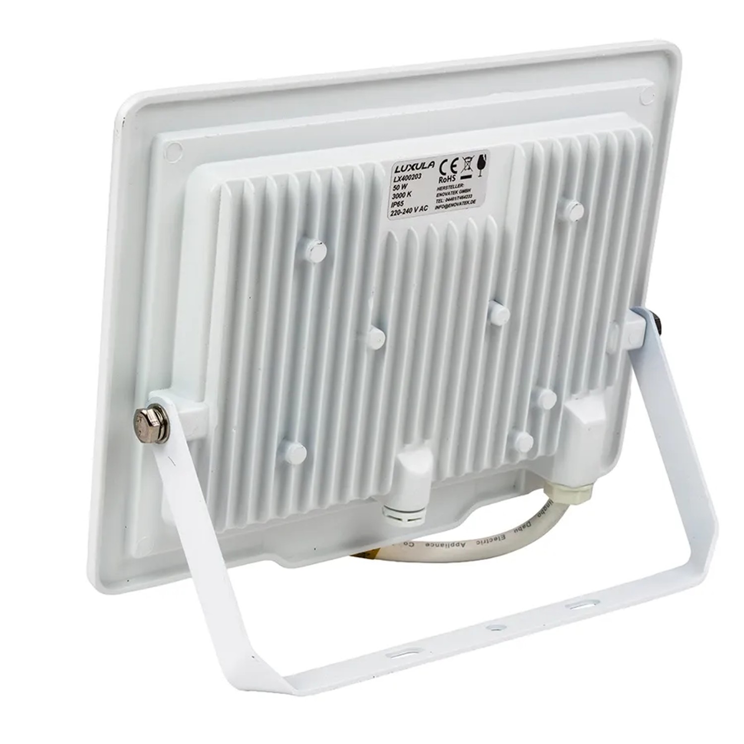 Weißer LUXULA LED Strahler 50W mit Halterung, Rückansicht. Flutlichtstrahler für den Außenbereich.