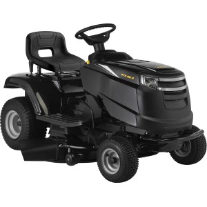 Schwarzer Alpina Rasentraktor AT3 98 A mit Seitenauswurf und verstellbarem Sitz.