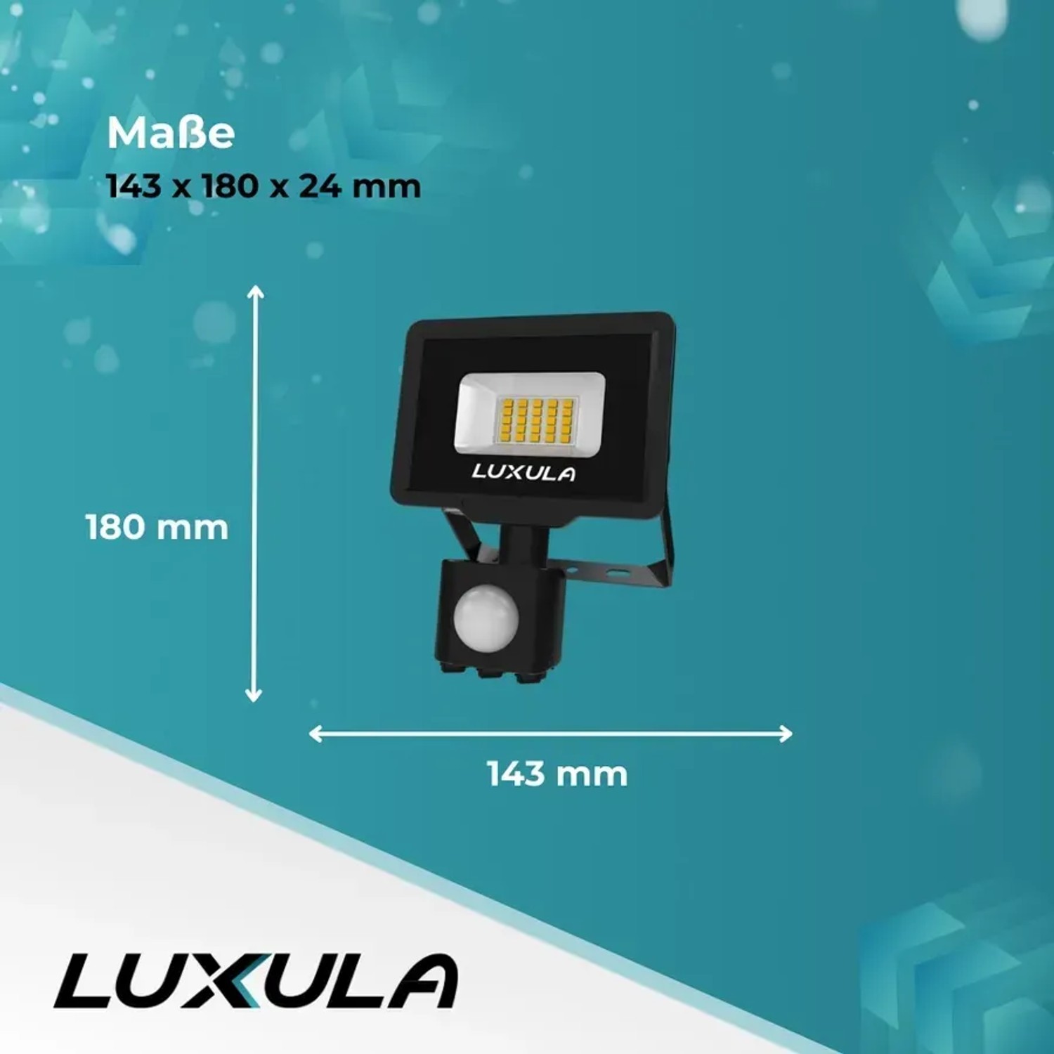 LUXULA LED Fluter mit Bewegungsmelder, 20W, 3000K, 2000lm, Außenstrahler, Schwarz, IP65.