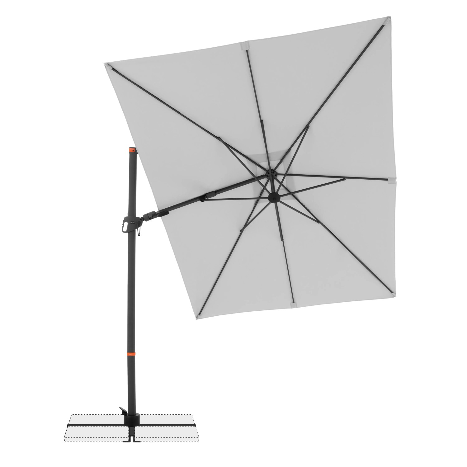 Hellgrauer Doppler Ampelschirm MyZone 240x320 cm mit Kurbelmechanik, von unten fotografiert.