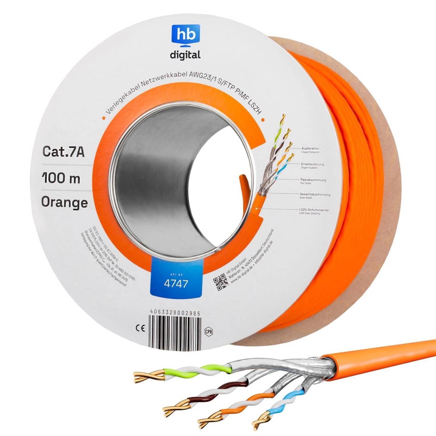 hb-digital Netzwerkkabel CAT 7a Verlegekabel max. 1200 MHz S/FTP AWG23 LSZH 100m orange