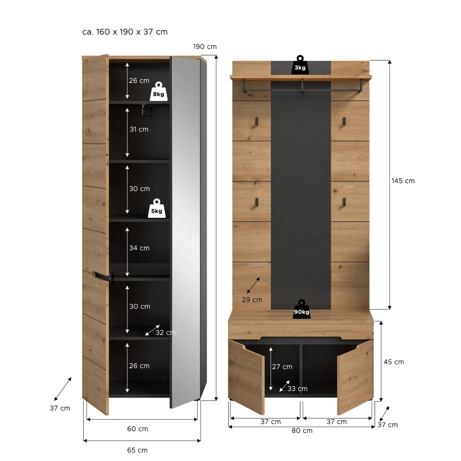 Inn.Furn Garderoben-Set 3-teilig in Eiche und Grau 160 cm Cooper_10